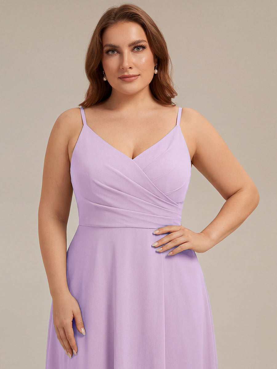 Robe de demoiselle d'honneur plissée à bretelles minces et encolure en V #Couleur_Lilas Givré