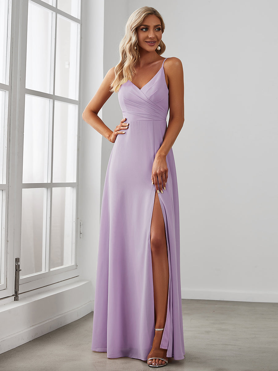 Robe d'invité de mariage trapèze en mousseline fluide à encolure ronde et longueur au genou #Couleur_Lilas Givré