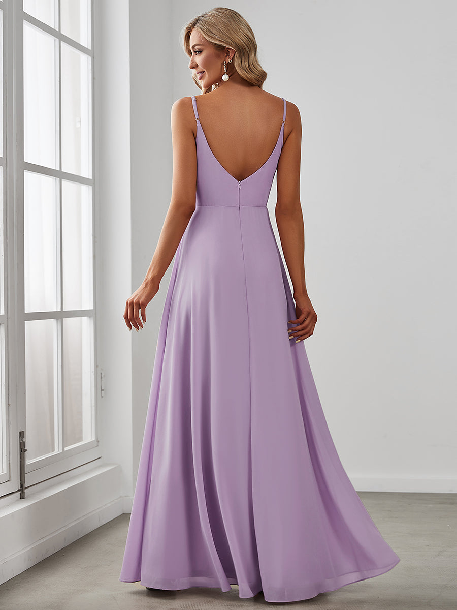 Robe d'invité de mariage trapèze en mousseline fluide à encolure ronde et longueur au genou #Couleur_Lilas Givré