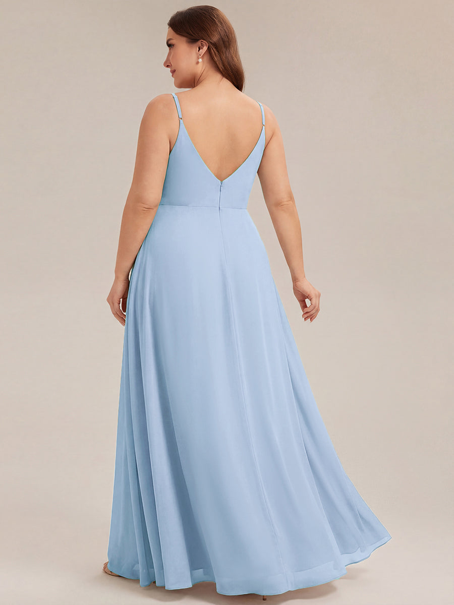 Robe de demoiselle d'honneur plissée à bretelles minces et encolure en V #Couleur_Bleu Glace
