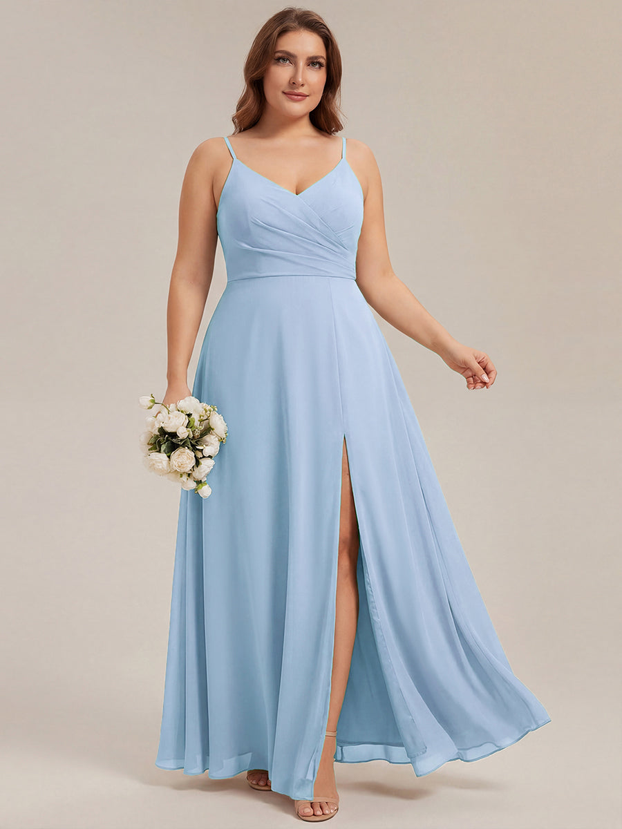 Robe de demoiselle d'honneur plissée à bretelles minces et encolure en V #Couleur_Bleu Glace