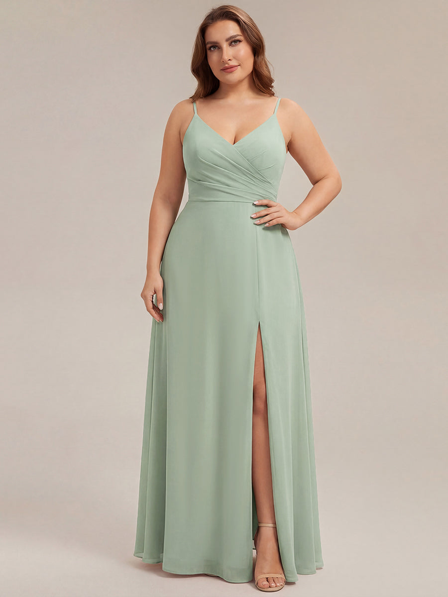 Robe de demoiselle d'honneur plissée à bretelles minces et encolure en V #Couleur_Menthe Verte