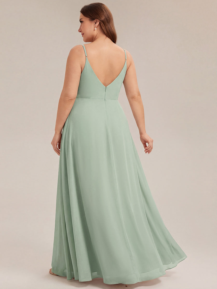 Robe de demoiselle d'honneur plissée à bretelles minces et encolure en V #Couleur_Menthe Verte