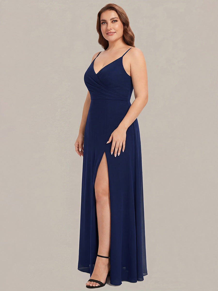 Robe de demoiselle d'honneur plissée à bretelles minces et encolure en V #Couleur_Bleu Marine