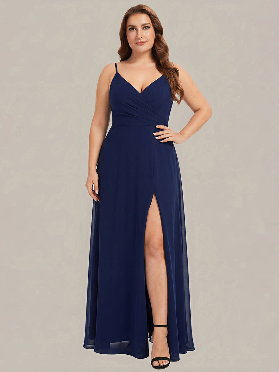 Robe de demoiselle d'honneur plissée à bretelles minces et encolure en V #Couleur_Bleu Marine