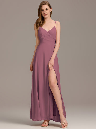 ever RENÉ|Robe de demoiselle d'honneur plissée à bretelles minces et col V