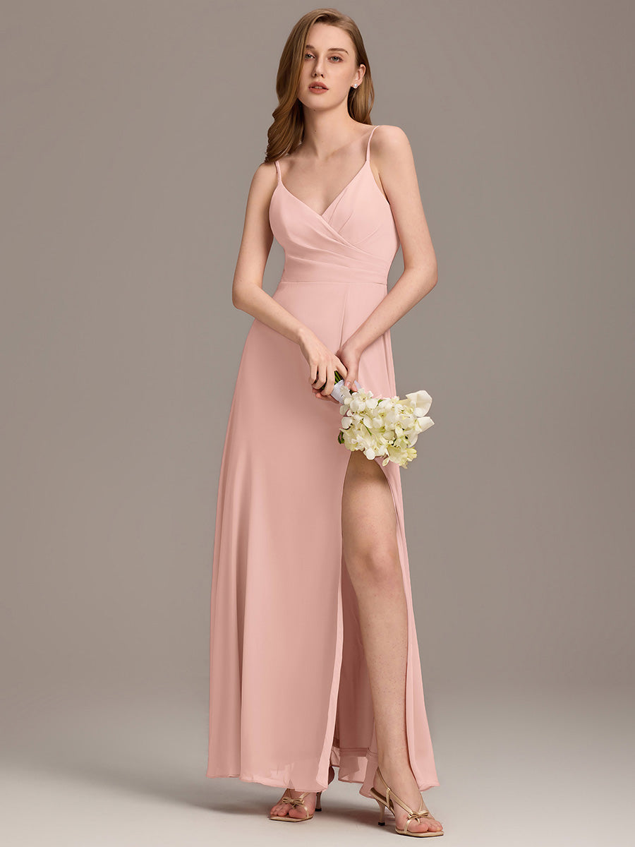 Robe d'invité de mariage trapèze en mousseline fluide à encolure ronde et longueur au genou #Couleur_Rose