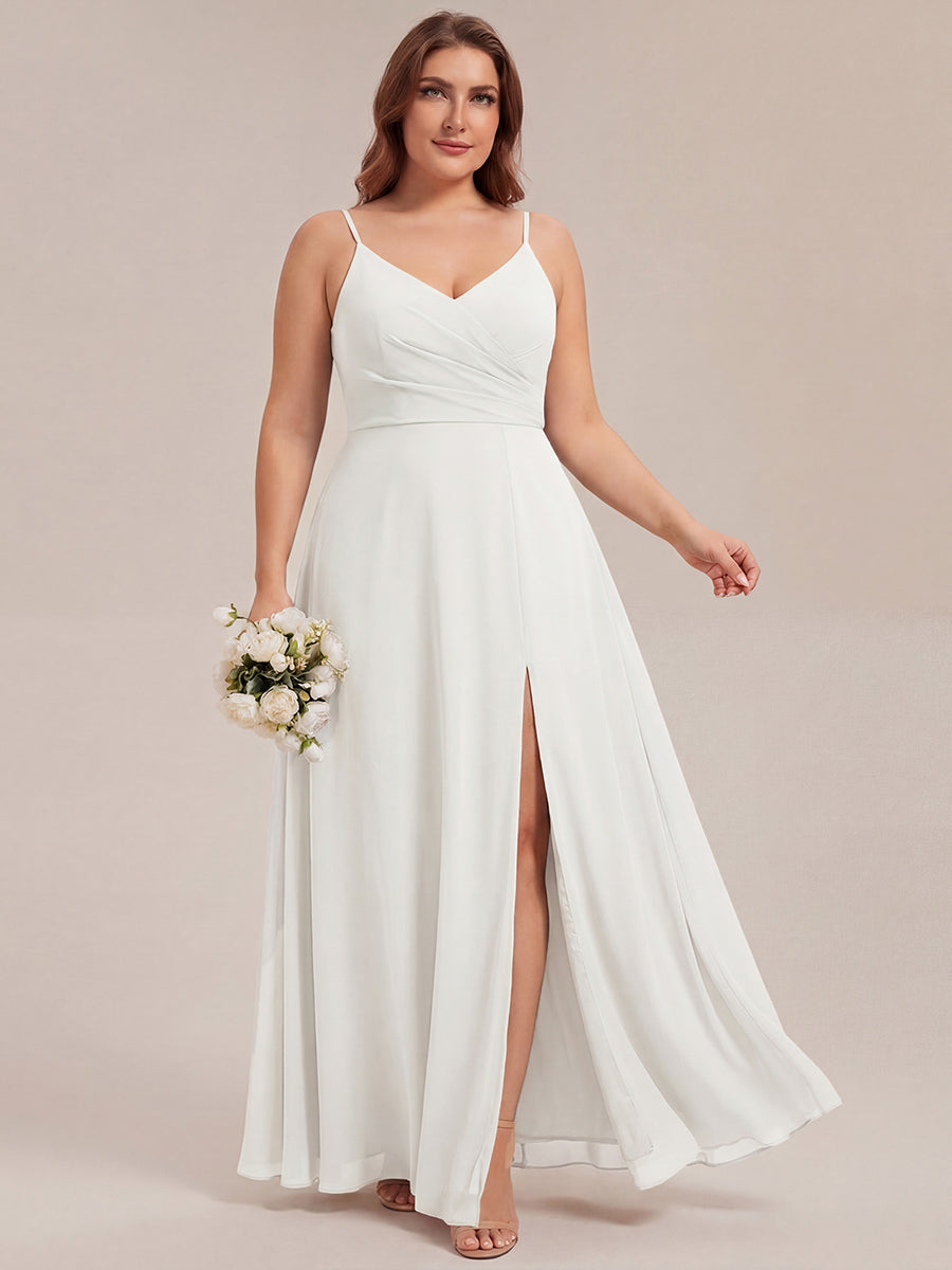 Robe de demoiselle d'honneur plissée à bretelles minces et encolure en V #Couleur_Blanc
