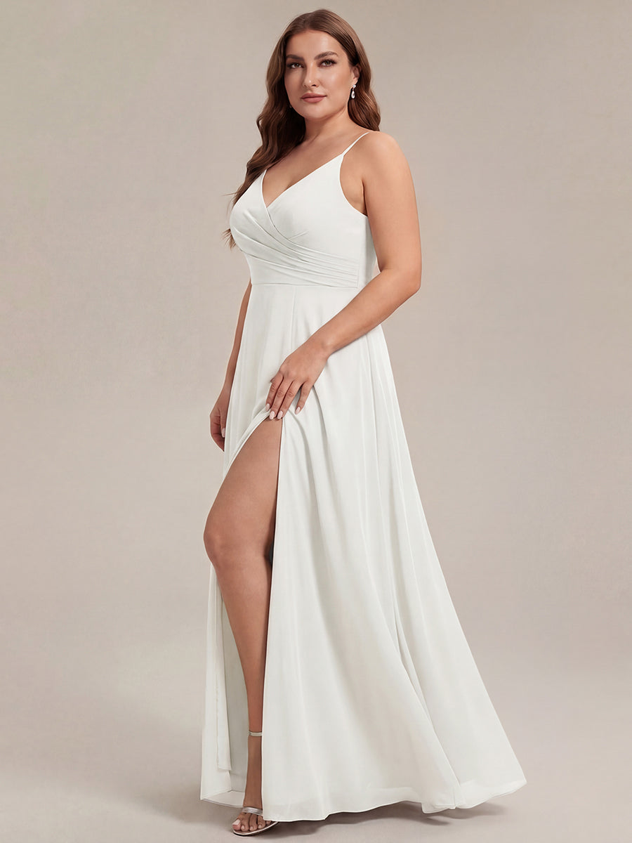 Robe de demoiselle d'honneur plissée à bretelles minces et encolure en V #Couleur_Blanc
