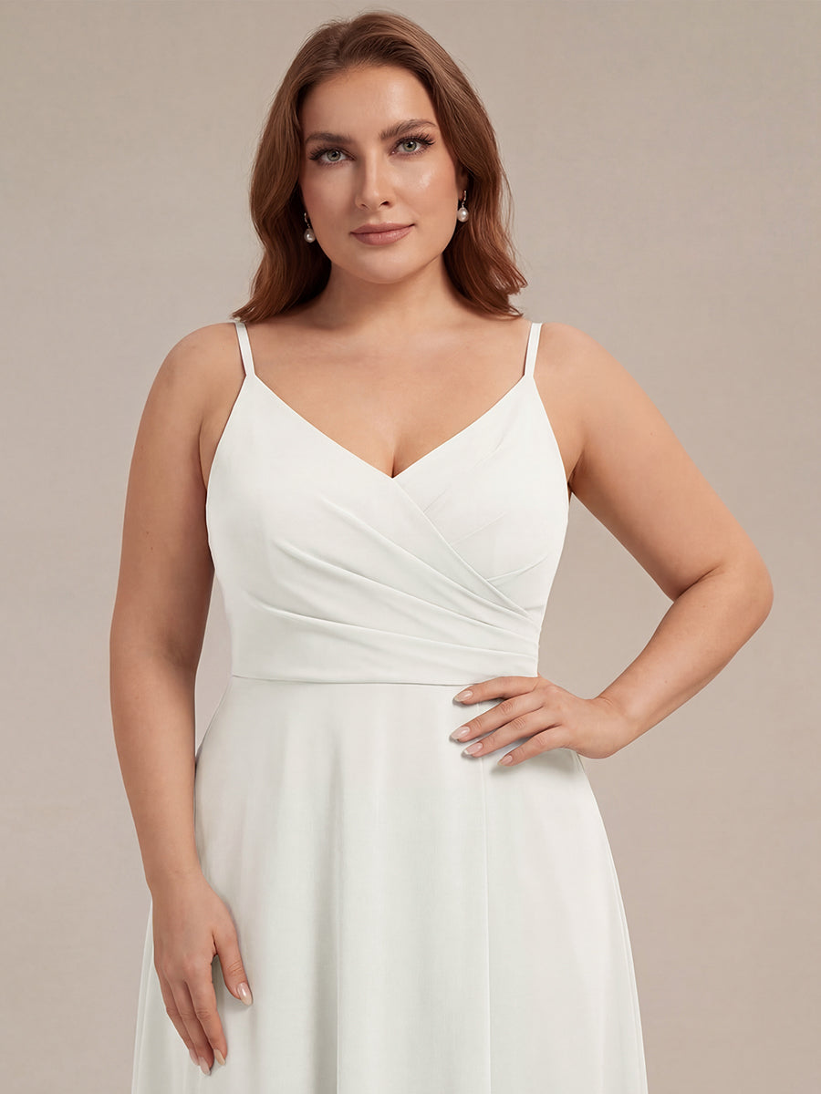 Robe de demoiselle d'honneur plissée à bretelles minces et encolure en V #Couleur_Blanc