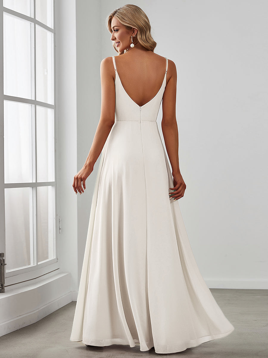 Robe d'invité de mariage trapèze en mousseline fluide à encolure ronde et longueur au genou #Couleur_Blanc