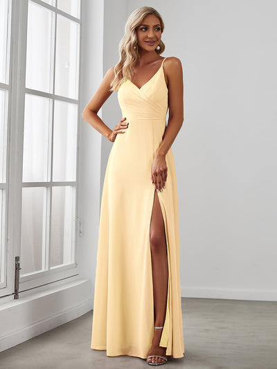 ever RENÉ|Robe de demoiselle d'honneur plissée à bretelles minces et col V