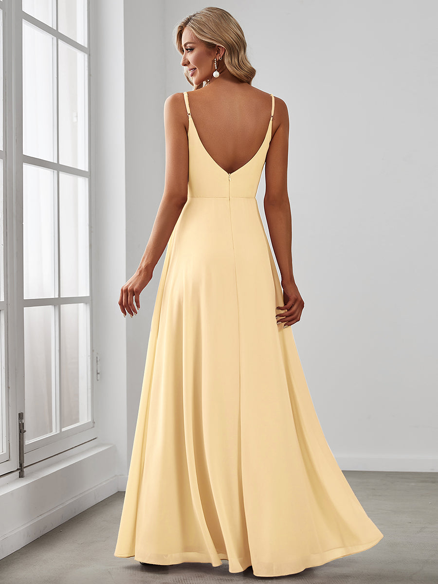 Robe d'invité de mariage trapèze en mousseline fluide à encolure ronde et longueur au genou #Couleur_Jaune