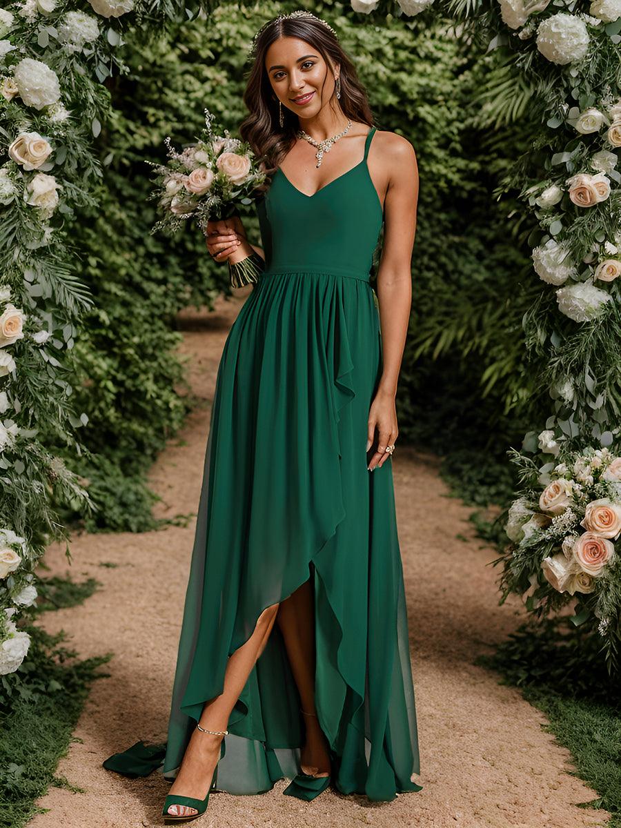 Robe demoiselle d'honneur mousseline bretelles fines et fente sur le devant #Couleur_Vert Fonce