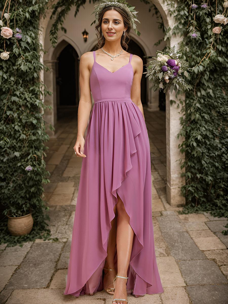 Robe demoiselle d'honneur mousseline bretelles fines et fente sur le devant #Couleur_Orchidee