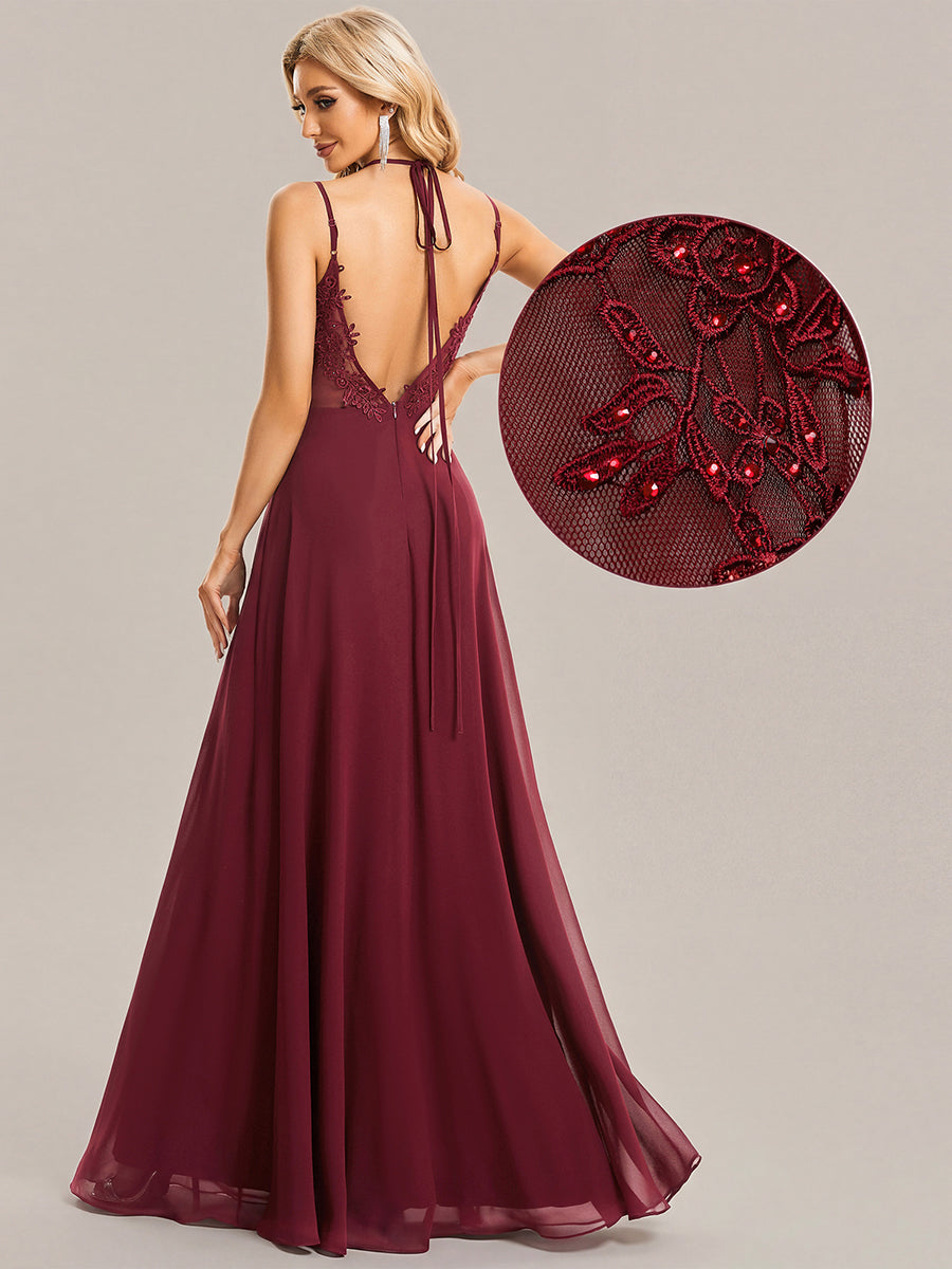 Robe demoiselle d'honneur mousseline et dentelle dos nu bretelles fines #Couleur_Bordeaux