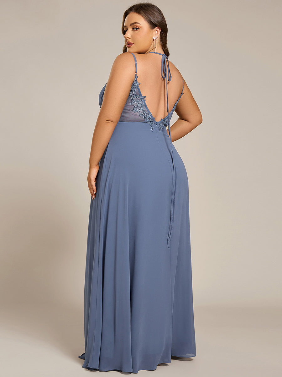 Robe demoiselle d'honneur mousseline et dentelle dos nu bretelles fines #Couleur_Marine Fume