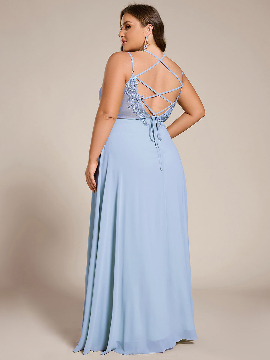 Robe demoiselle d'honneur mousseline et dentelle dos nu bretelles fines #Couleur_Bleu Glace