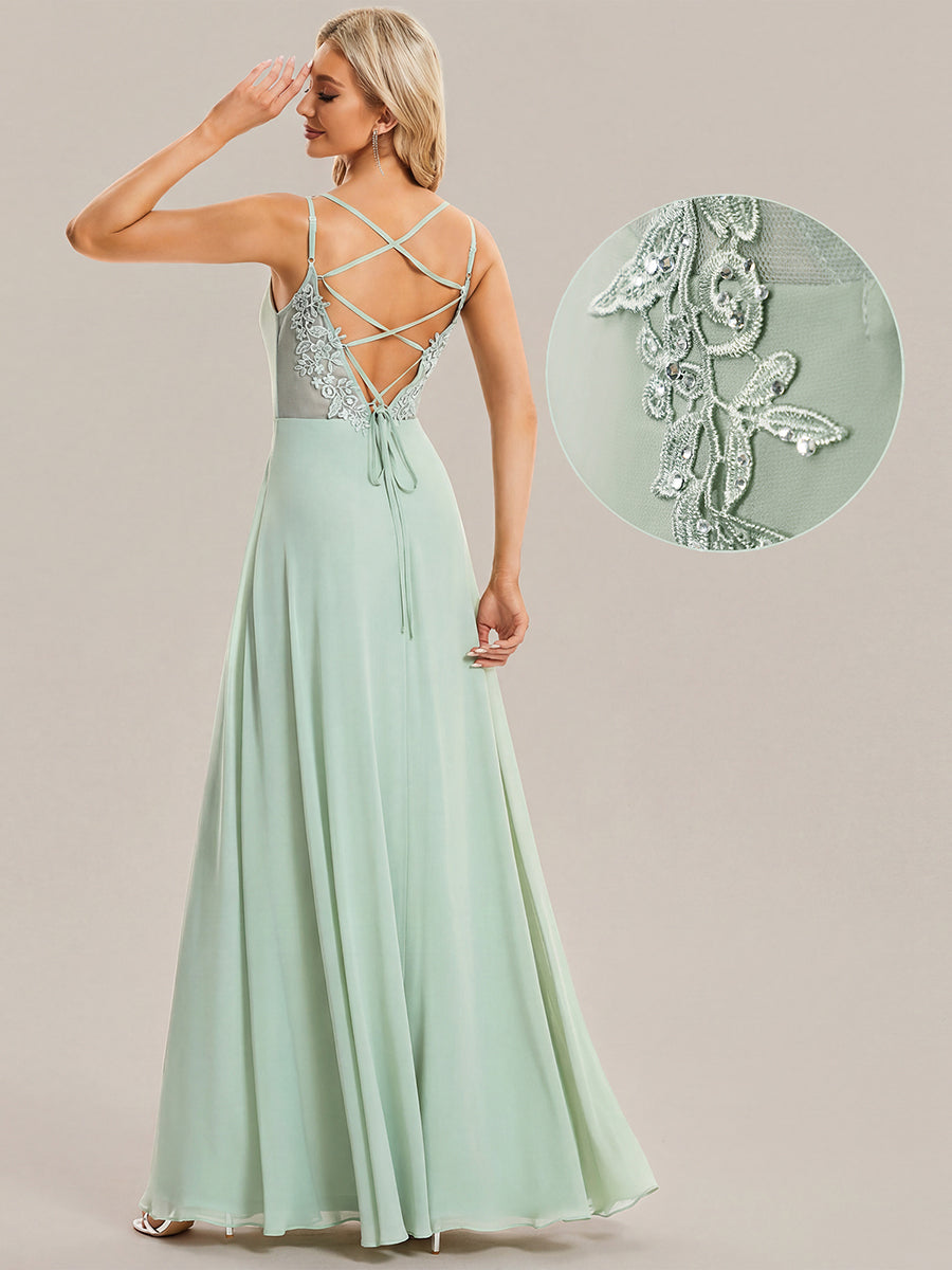 Robe demoiselle d'honneur mousseline et dentelle dos nu bretelles fines #Couleur_Menthe Verte