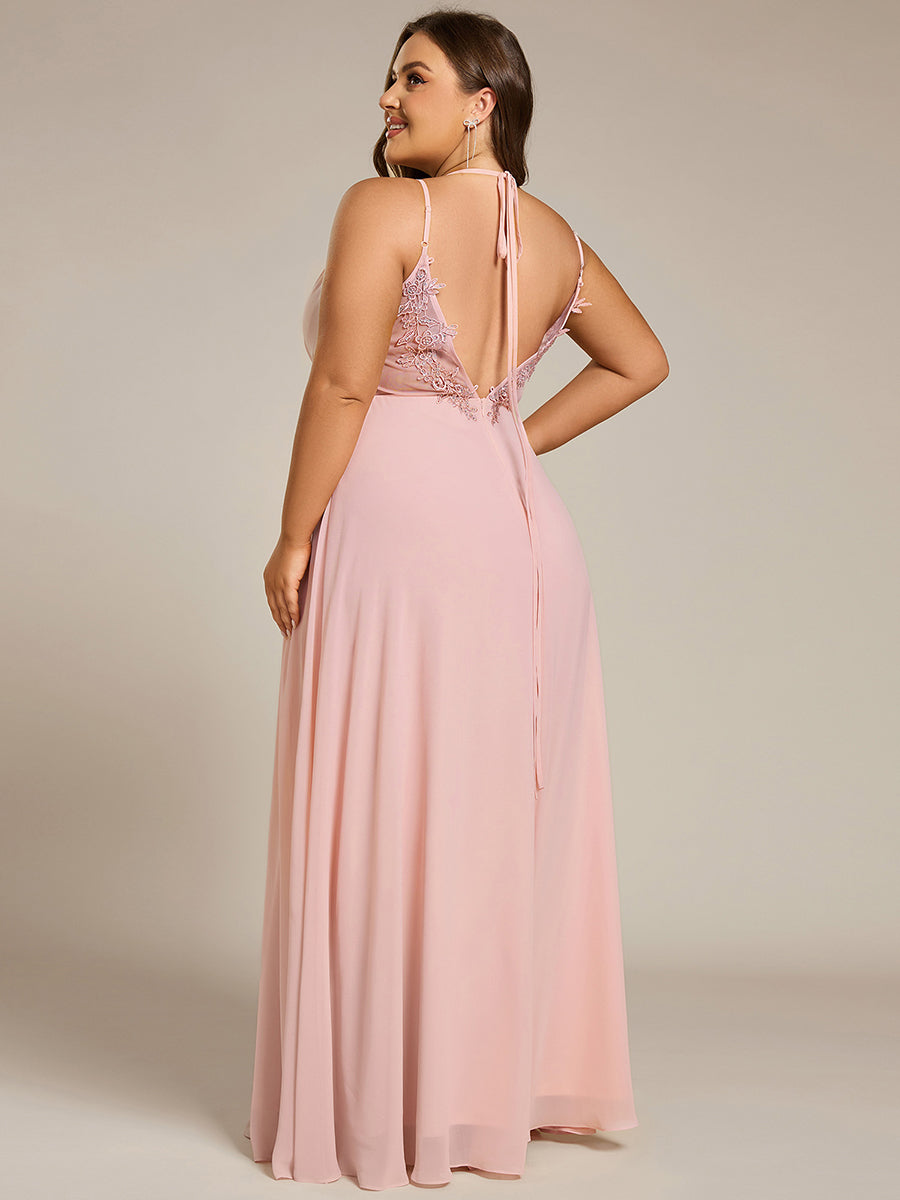 Robe demoiselle d'honneur mousseline et dentelle dos nu bretelles fines #Couleur_Rose