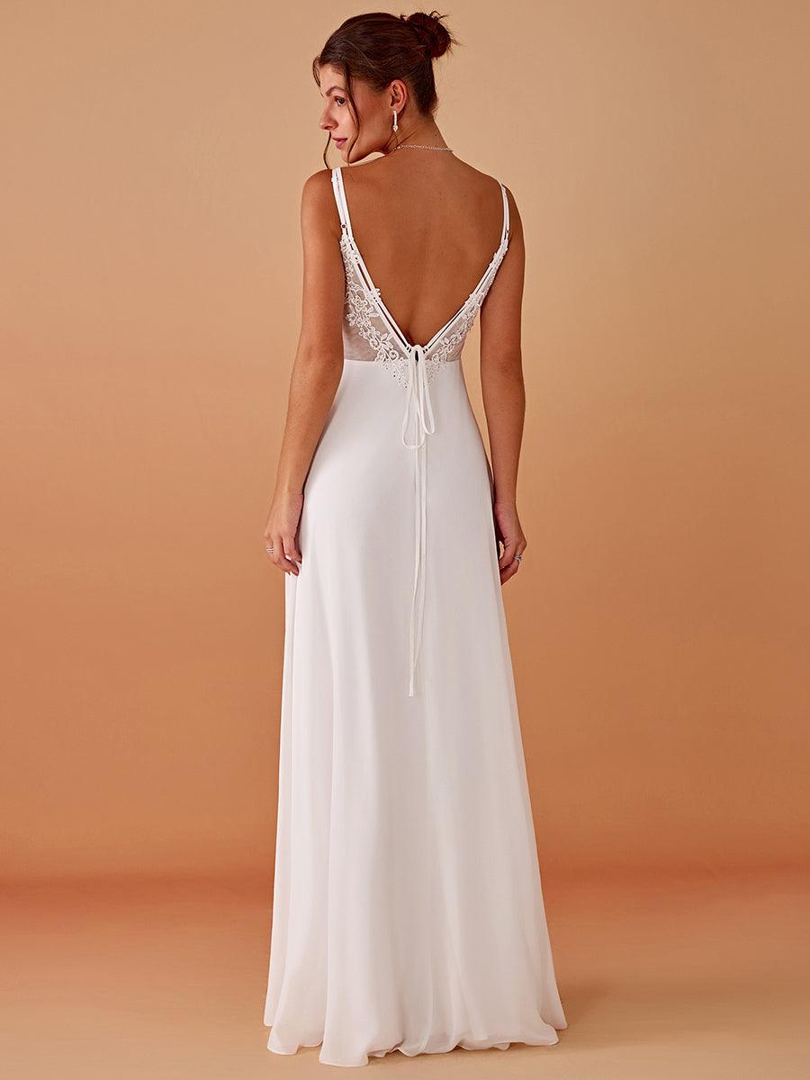 Robe demoiselle d'honneur mousseline et dentelle dos nu bretelles fines #Couleur_Blanc
