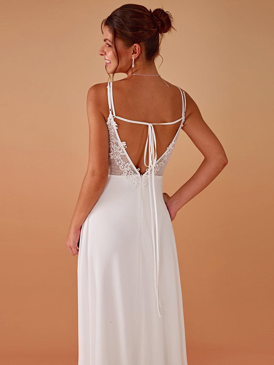 Robe demoiselle d'honneur mousseline et dentelle dos nu bretelles fines #Couleur_Blanc