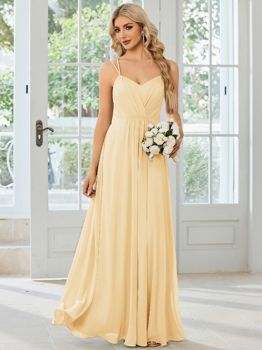 Robe demoiselle d'honneur mousseline et dentelle dos nu bretelles fines #Couleur_Jaune