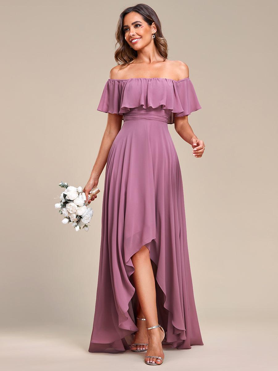 Robe demoiselle d'honneur Manches Courtes Epaules dénudées Volants en Cascade #Couleur_Orchidee