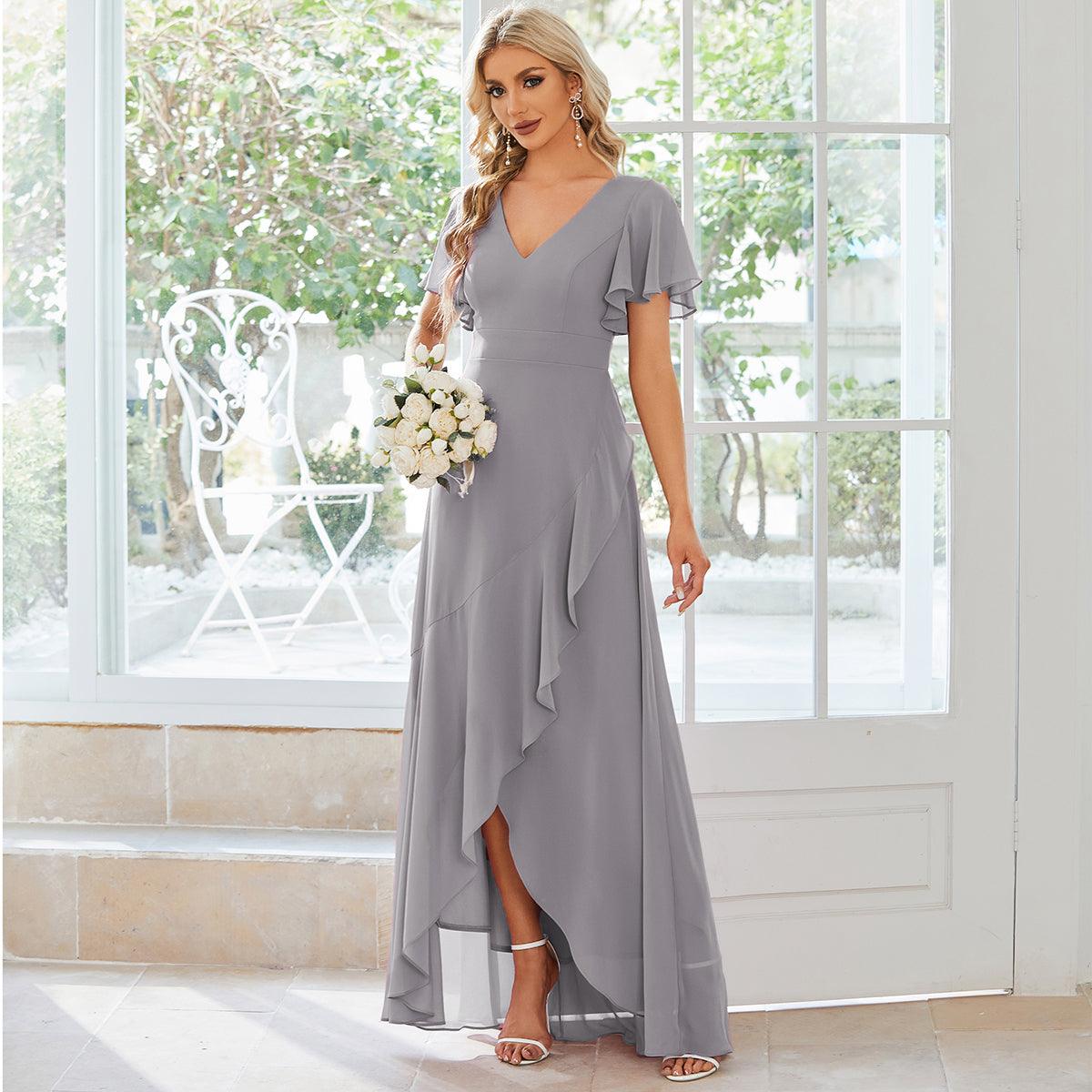 Taille personnalisée Robe demoiselle d'honneur Ourlet en feuille lotus Charmante #Couleur_Gris