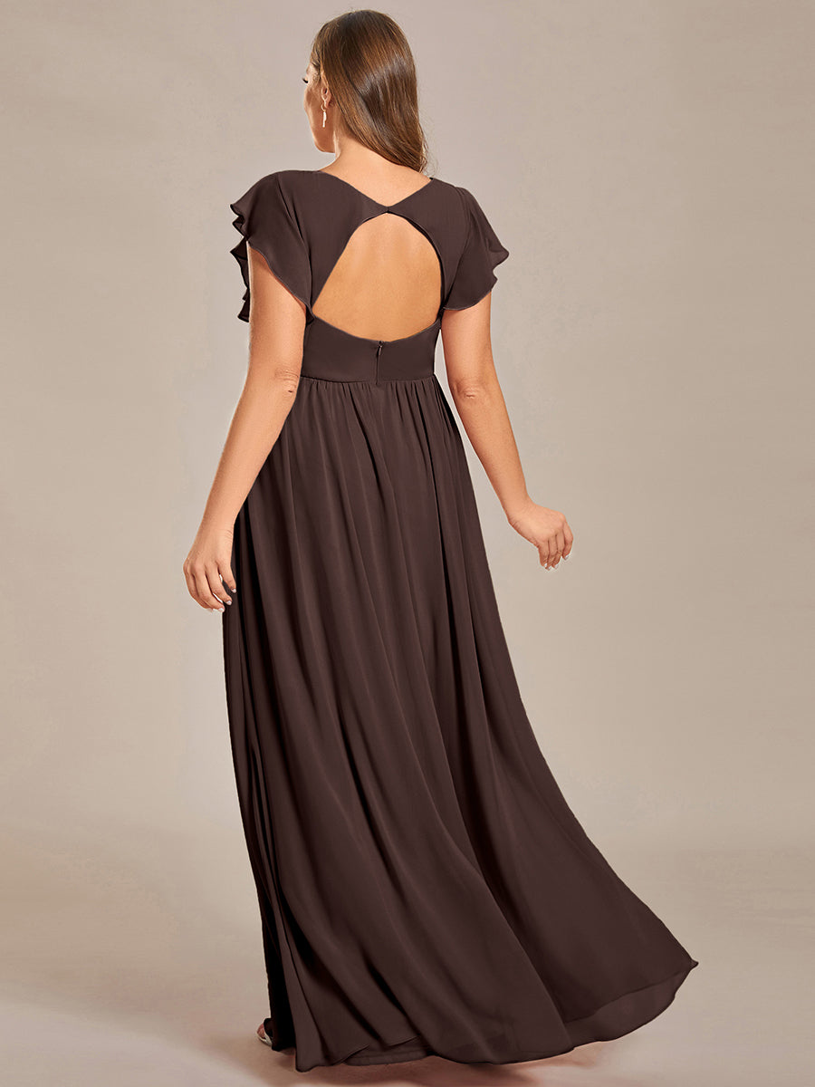 Robe demoiselle d'honneur en mousseline manches plissées avec découpe au dos #Couleur_Marron Espresso