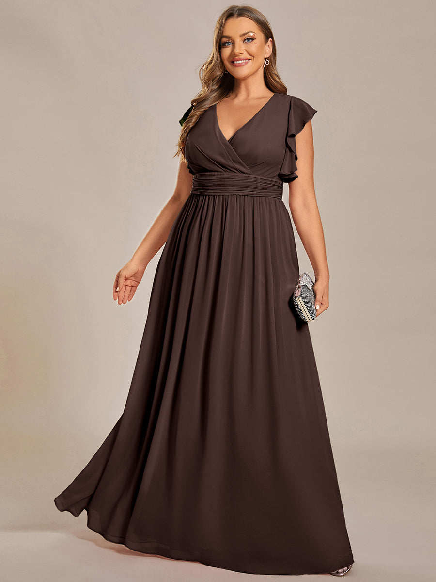 Robe demoiselle d'honneur en mousseline manches plissées avec découpe au dos #Couleur_Marron Espresso