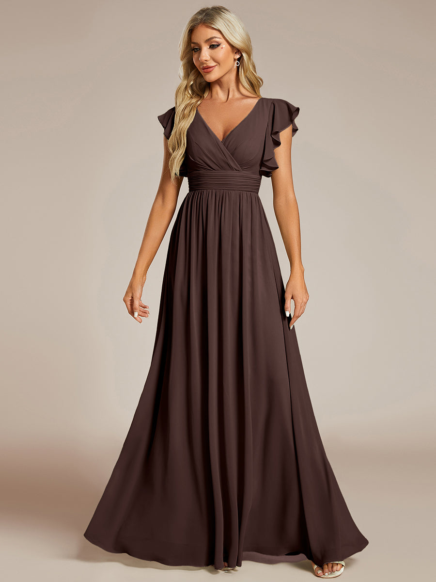 Robe demoiselle d'honneur en mousseline manches plissées avec découpe au dos #Couleur_Marron Espresso
