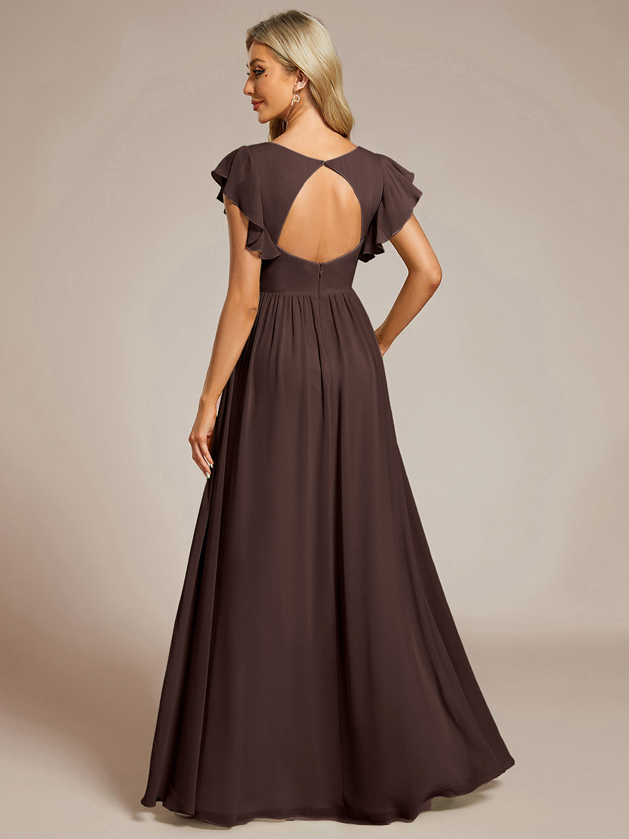 Robe demoiselle d'honneur en mousseline manches plissées avec découpe au dos #Couleur_Marron Espresso