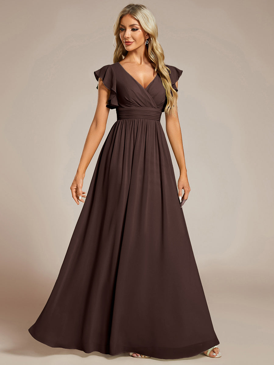 Robe demoiselle d'honneur en mousseline manches plissées avec découpe au dos #Couleur_Marron Espresso