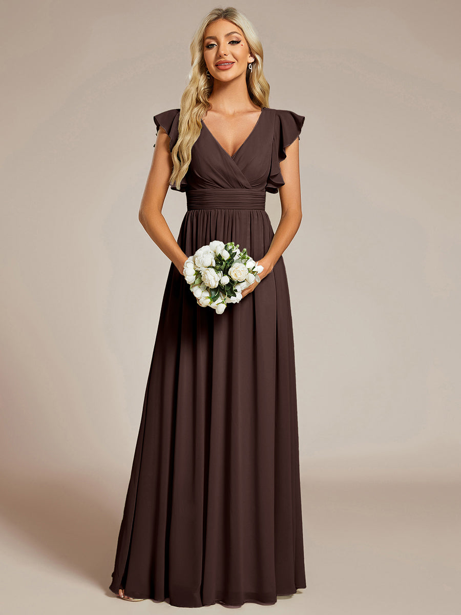 Robe demoiselle d'honneur en mousseline manches plissées avec découpe au dos #Couleur_Marron Espresso