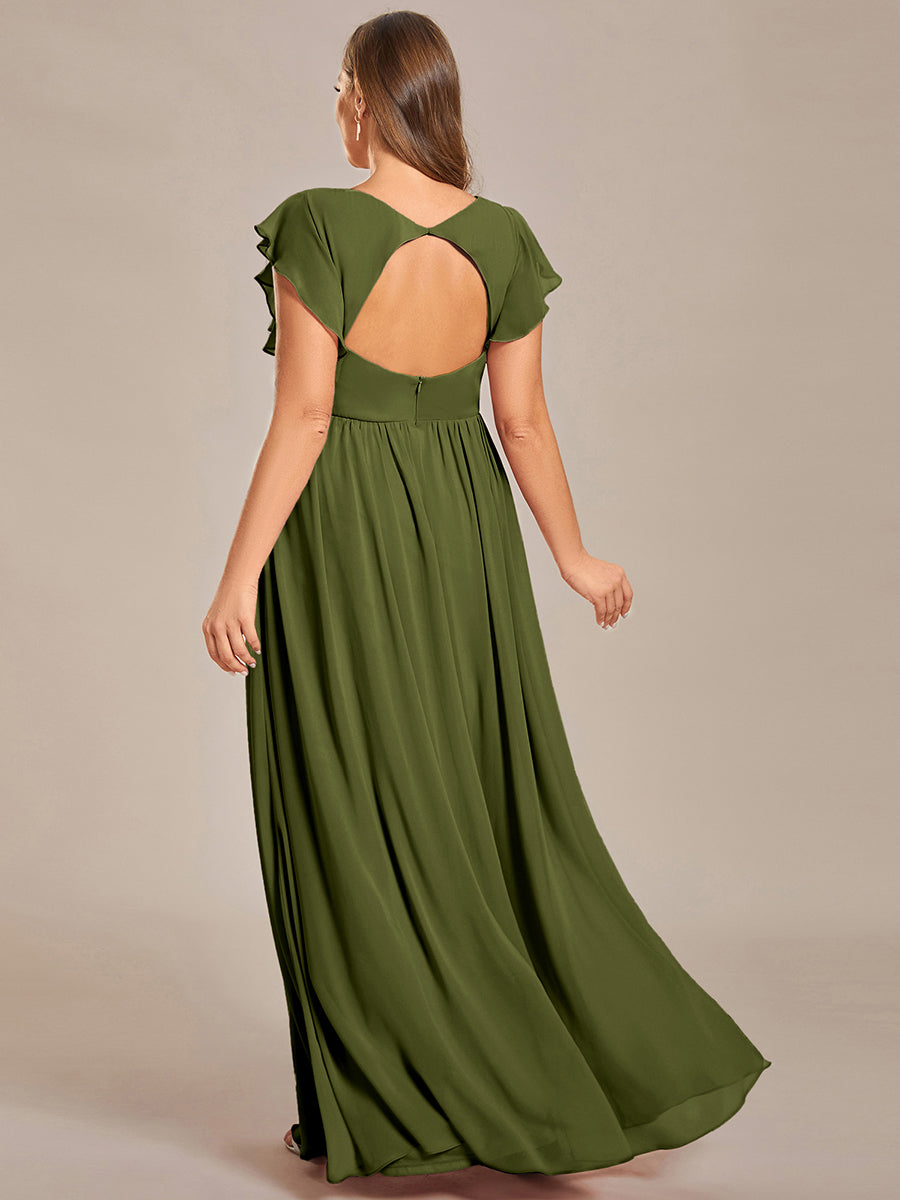 Robe demoiselle d'honneur en mousseline manches plissées avec découpe au dos #Couleur_Vert Olive
