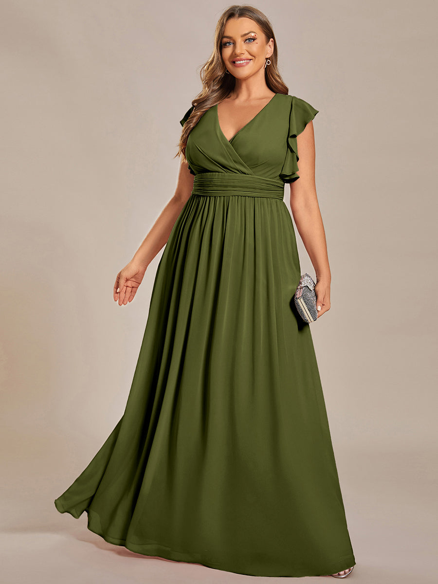 Robe demoiselle d'honneur en mousseline manches plissées avec découpe au dos #Couleur_Vert Olive