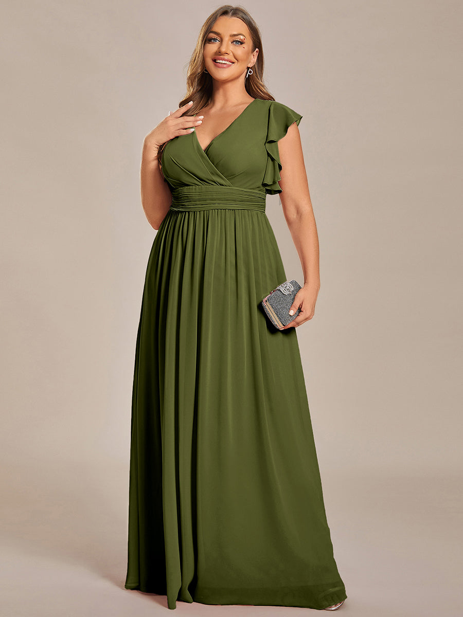 Robe demoiselle d'honneur en mousseline manches plissées avec découpe au dos #Couleur_Vert Olive