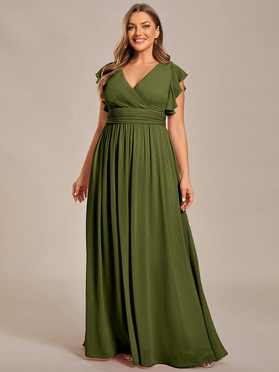 Robe demoiselle d'honneur en mousseline manches plissées avec découpe au dos #Couleur_Vert Olive