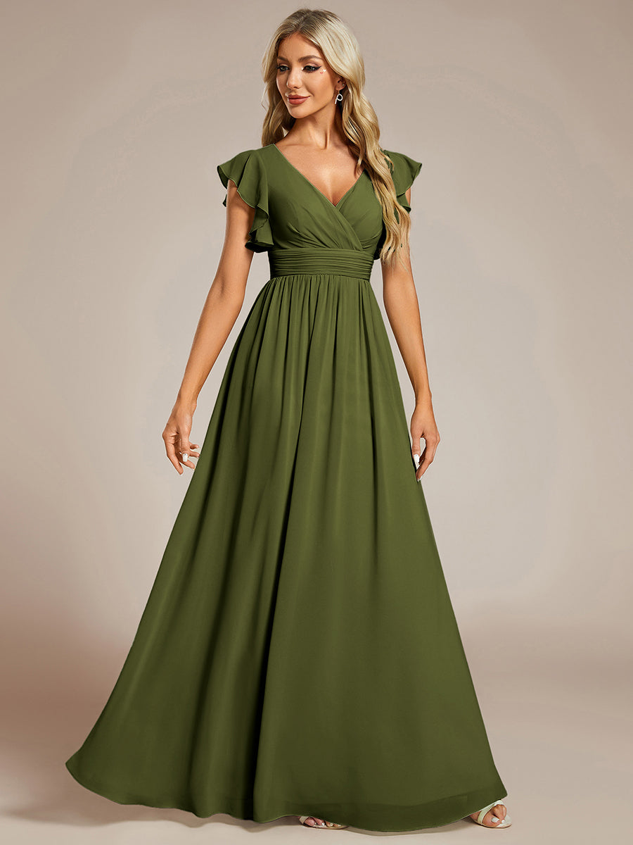 Robe demoiselle d'honneur en mousseline manches plissées avec découpe au dos #Couleur_Vert Olive