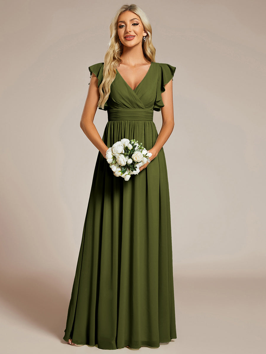 Robe demoiselle d'honneur en mousseline manches plissées avec découpe au dos #Couleur_Vert Olive