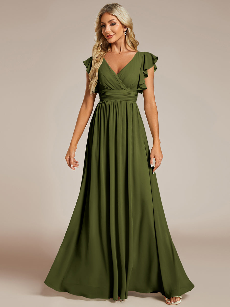 Robe demoiselle d'honneur en mousseline manches plissées avec découpe au dos #Couleur_Vert Olive