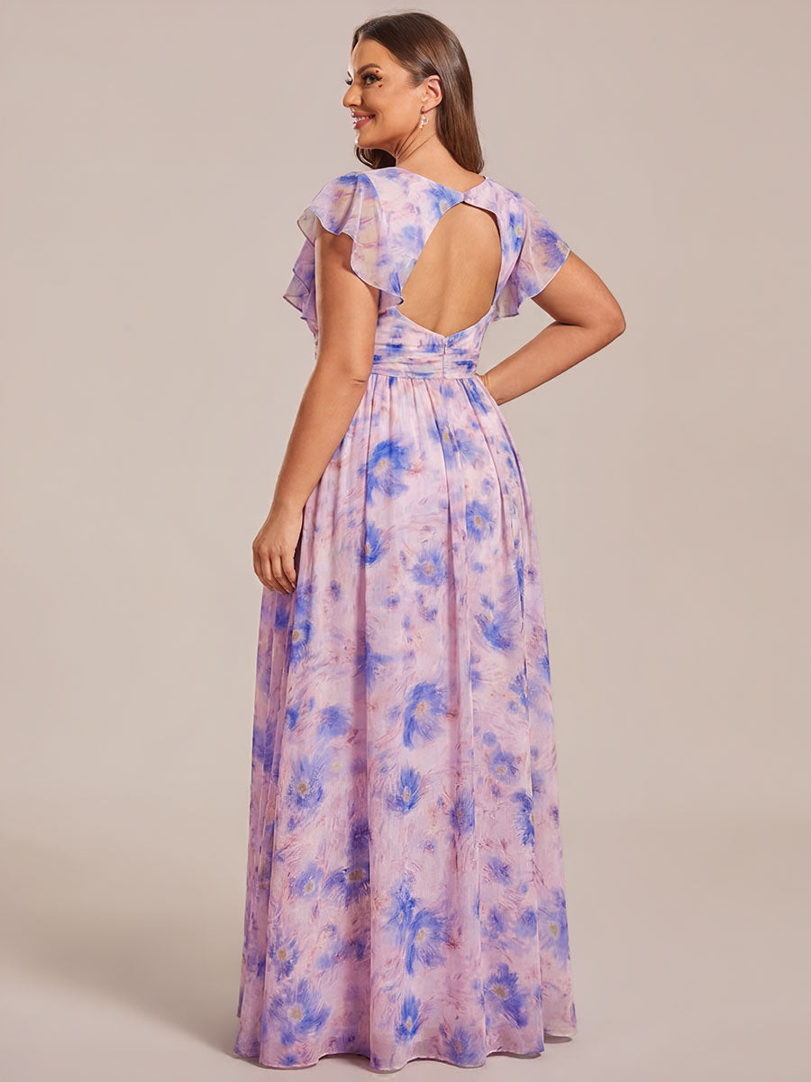 Robe de demoiselle d'honneur en mousseline de soie avec manches à volants et découpes au dos #Couleur_Azur Méditerranée