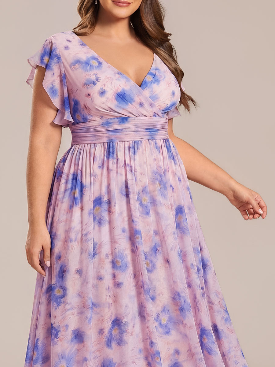 Robe de demoiselle d'honneur en mousseline de soie avec manches à volants et découpes au dos #Couleur_Azur Méditerranée