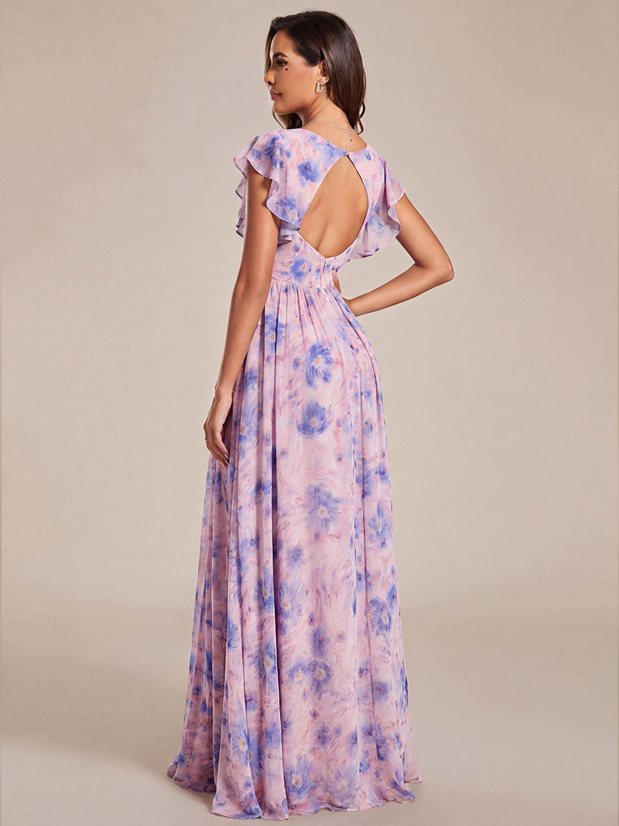 Robe de demoiselle d'honneur en mousseline de soie avec manches à volants et découpes au dos #Couleur_Azur Méditerranée