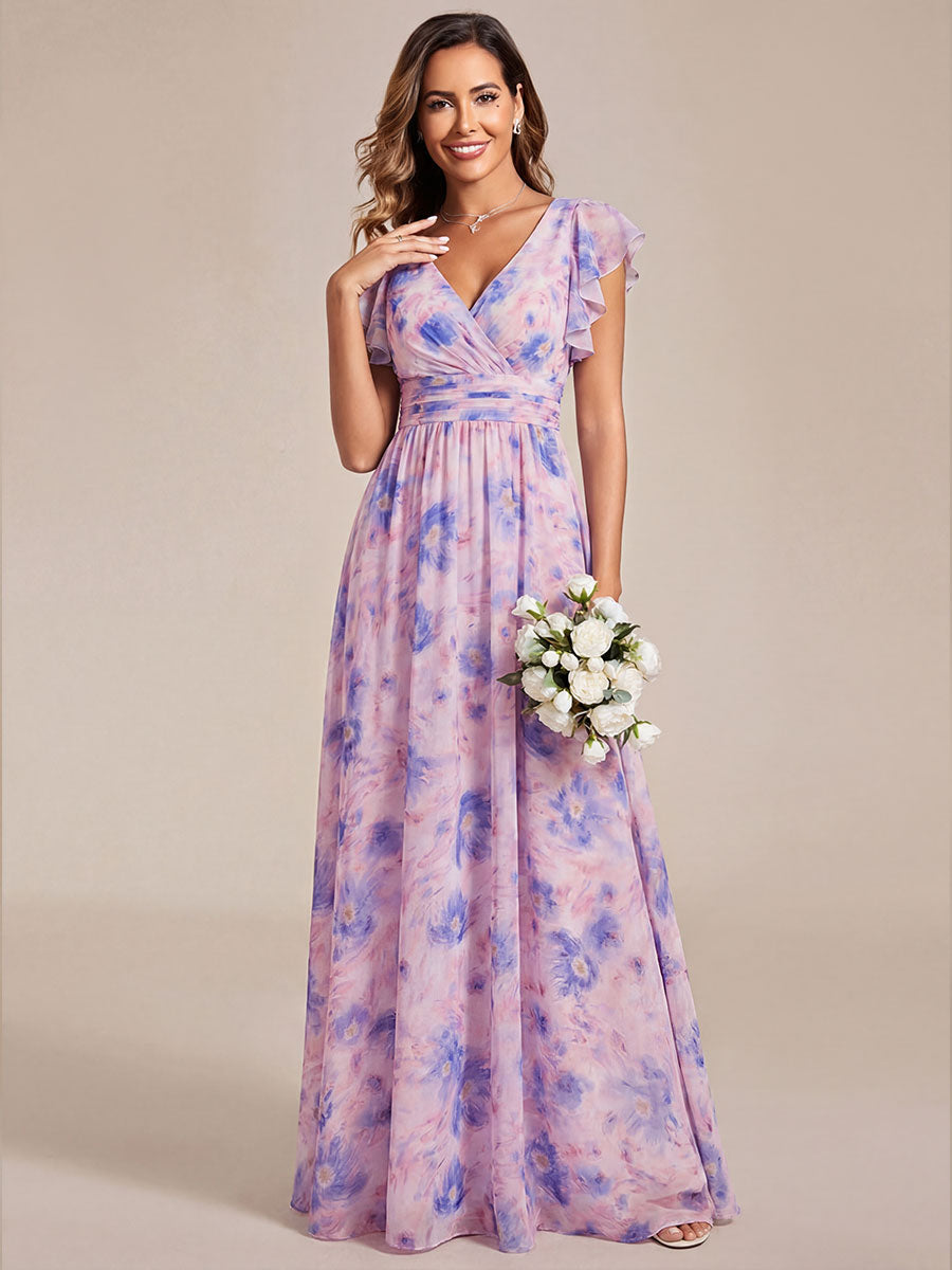 Robe de demoiselle d'honneur en mousseline de soie avec manches à volants et découpes au dos #Couleur_Azur Méditerranée