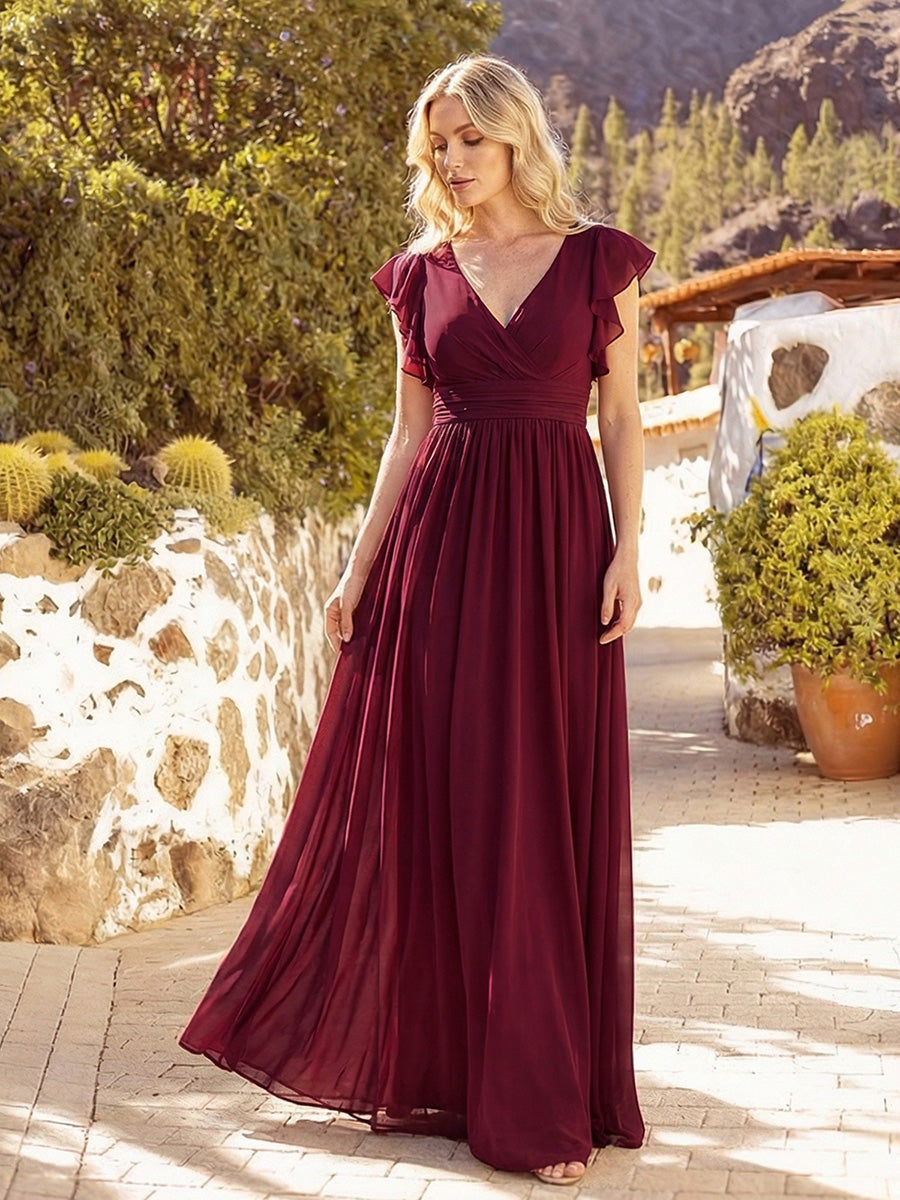 Robe demoiselle d'honneur en mousseline manches plissées avec découpe au dos #Couleur_Bordeaux