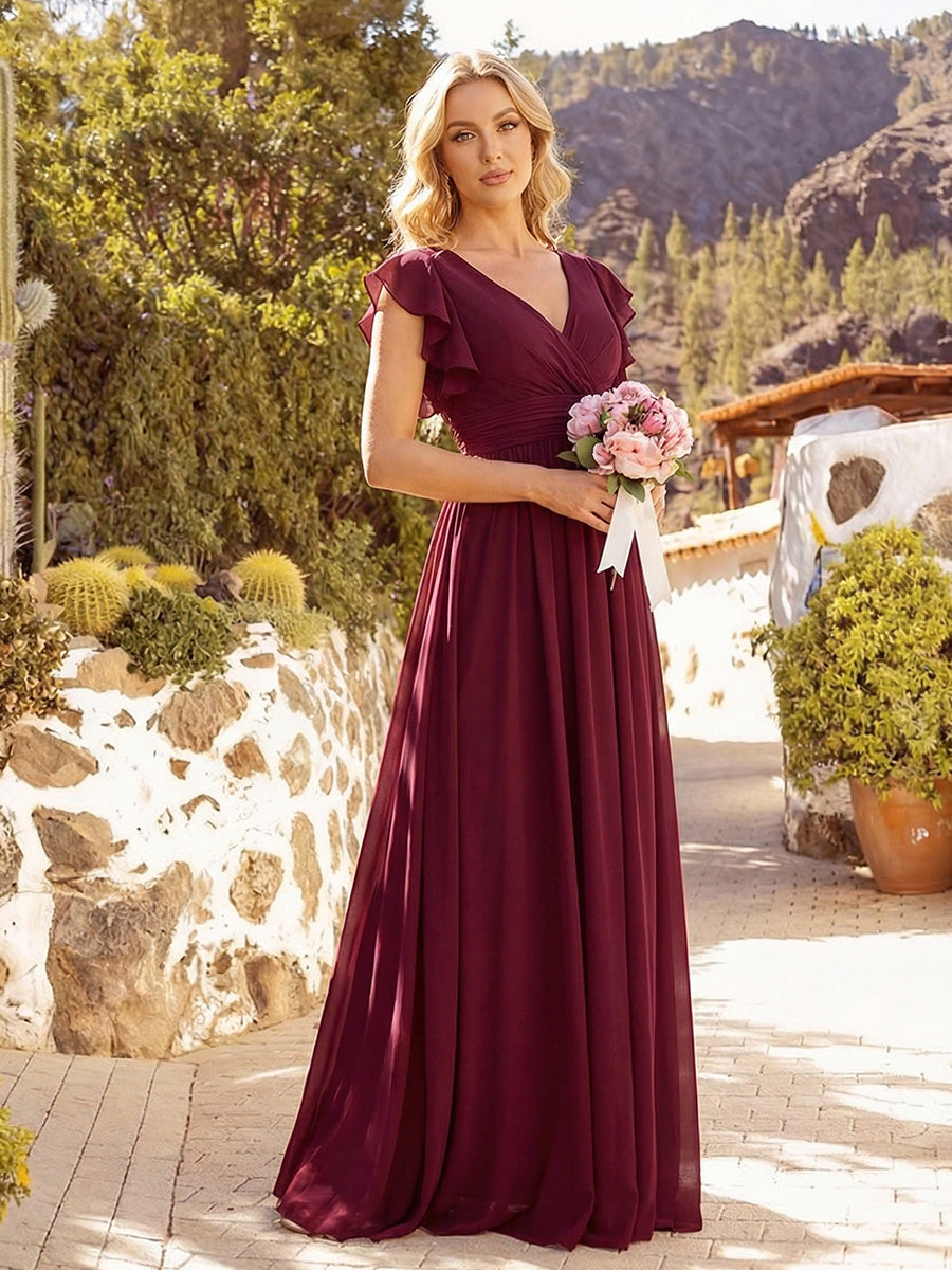 Robe demoiselle d'honneur en mousseline manches plissées avec découpe au dos #Couleur_Bordeaux