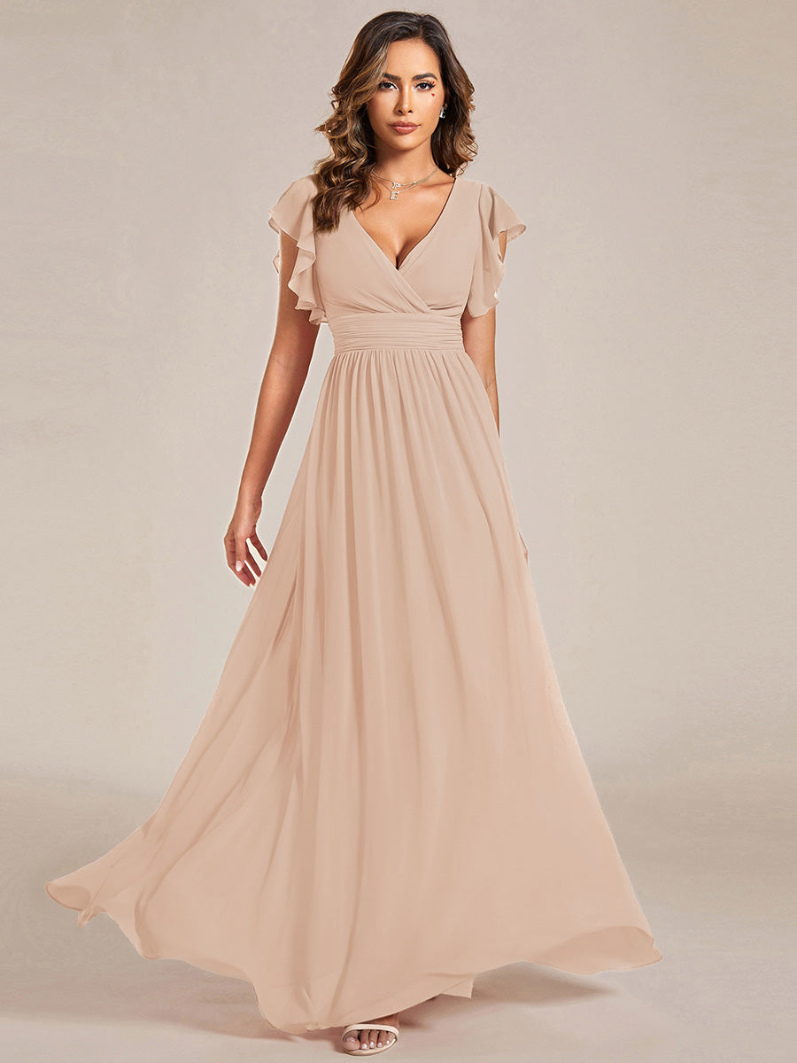 Robe de demoiselle d'honneur en mousseline de soie avec manches à volants et découpes au dos #Couleur_Blush
