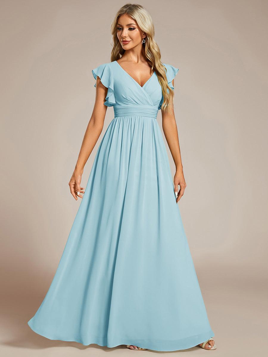 Robe demoiselle d'honneur Curvy mousseline manches plissées avec découpe au dos #Couleur_Bleu Ciel